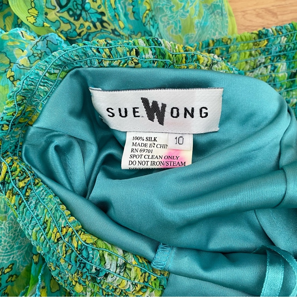 [SOLD] Vintage Sue Wong 100% Silk Green Halter Handkerchief Dress Beaded Size M - Picture 6 of 8